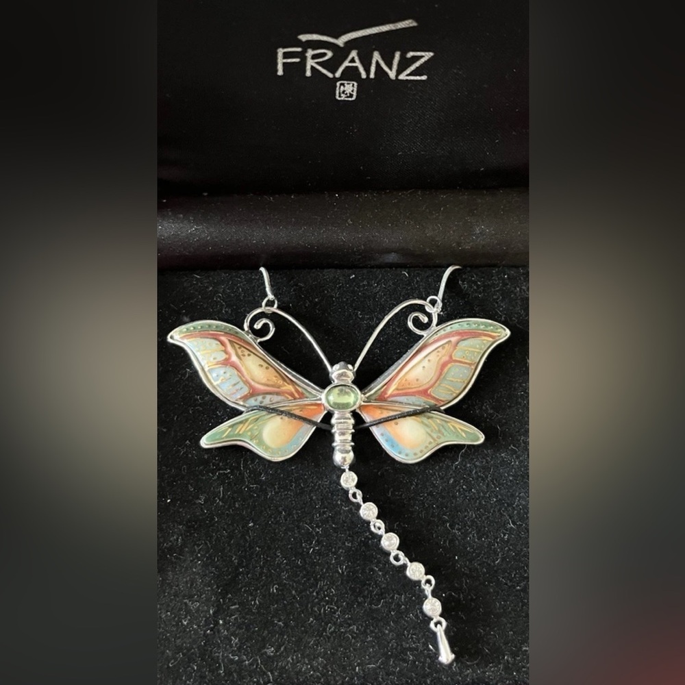 Franz Porcelain Dragonfly Rhodium Plated Brass & Porcelain Necklace.